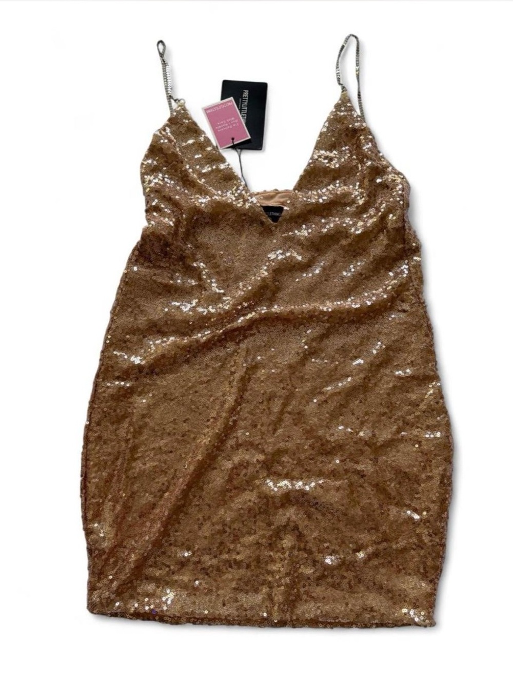 NWT PrettyLittleThing Gold Chain Strap Sequin Plunge Bodycon Dress | Size: 2